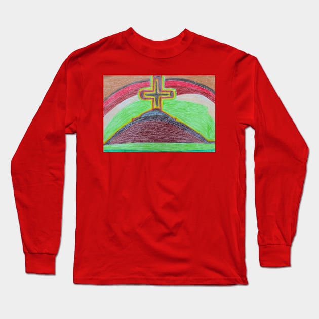 Cross on the Hill with Rainbow Horizon Long Sleeve T-Shirt by PodmenikArt